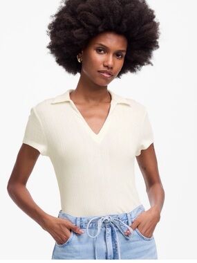 Madewell Ribbed V-Neck Polo Top - Cream